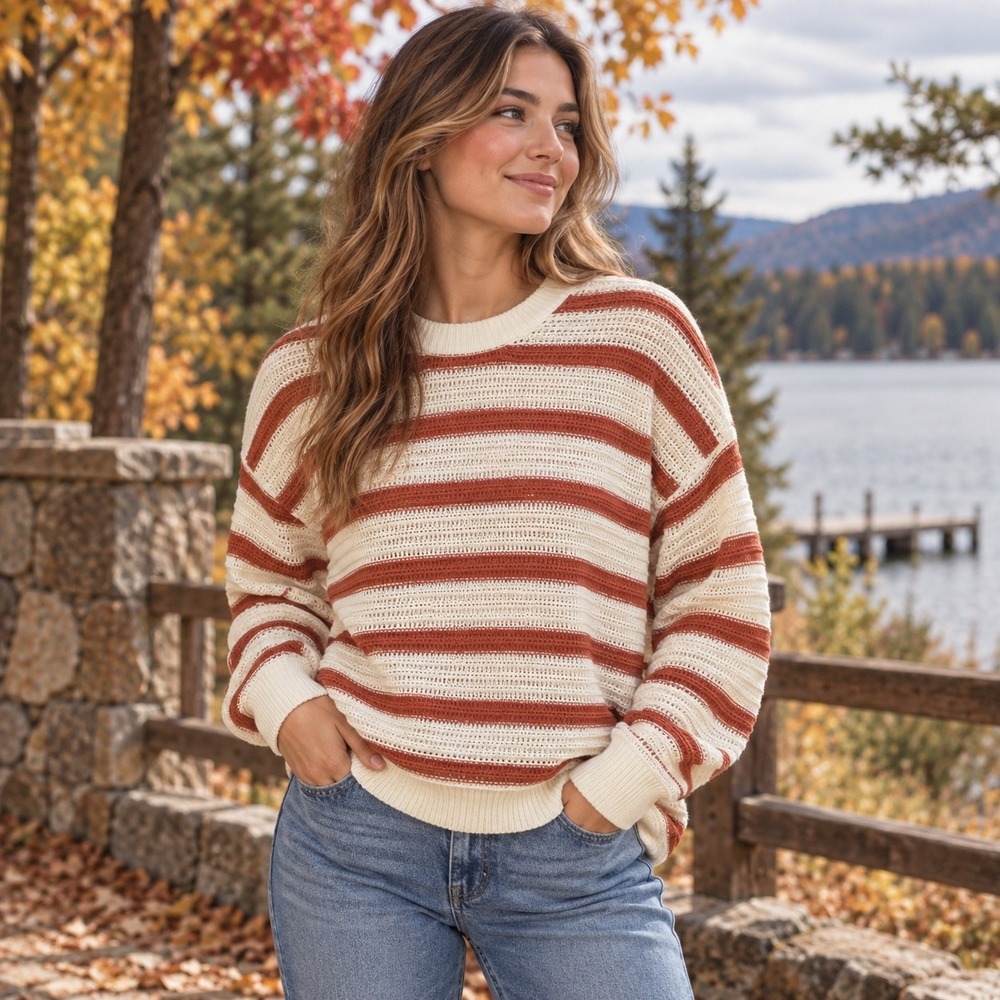 ONeill Kirsley Striped Sweater Womens XS Rust Orange Cream Crew Neck HO5417005